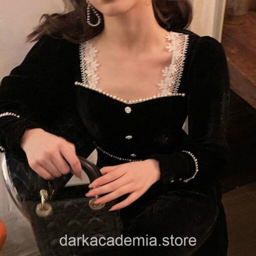 Casual Black Velvet Dress Gothic Academia Long Sleeve