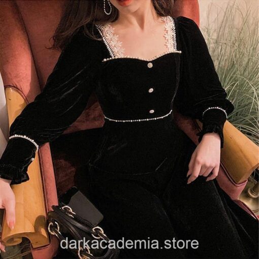 Casual Black Velvet Dress Gothic Academia Long Sleeve