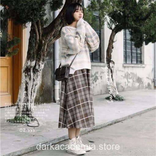 Casual Wool Pleated Plaid Midi Skirt
