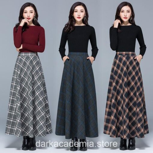 Chic Woolen Plaid Dark Academia Maxi Skirt