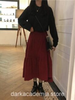 Corduroy Elastic High Waist A-line Pleated Skirt Dark Academia Skirt