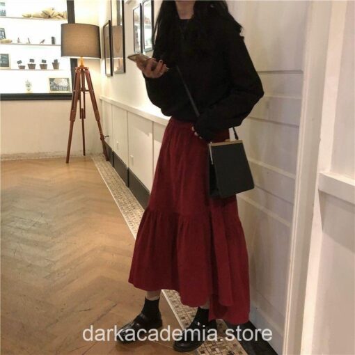 Corduroy Elastic High Waist A-line Pleated Skirt Dark Academia Skirt